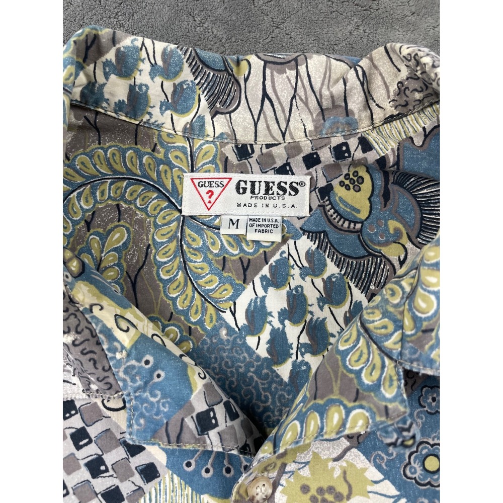 Vintage 90s Guess Mens M 100 Cotton USA Short Sleeve Button Up Shirt Patchwork - Picture 7 of 11